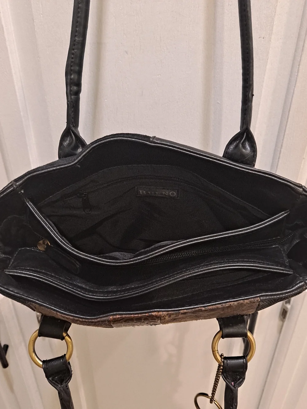 Bueno Collection Vintage Patchwork Mixed Leather Shoulder Bag Brown Black Animal